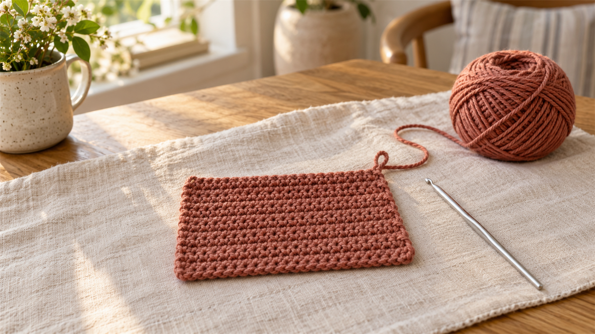 Terracotta crochet practice swatch with one live loop and yarn on a sunlit table