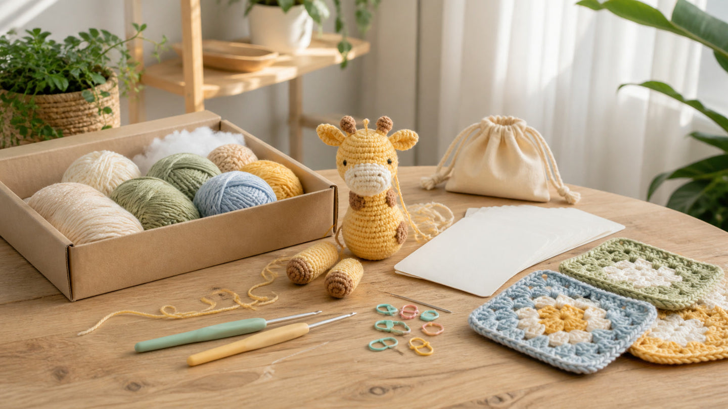 Beginner crochet kit supplies with yarn hooks stitch markers and a small amigurumi project in a calm craft corner