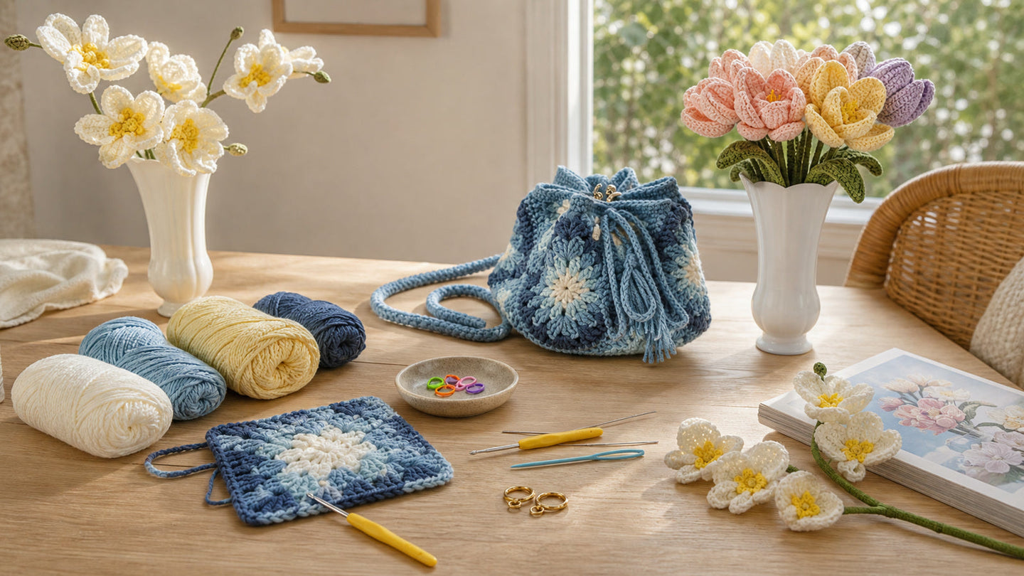 Crochet kit supplies arranged with yarn hooks flowers and a granny square project