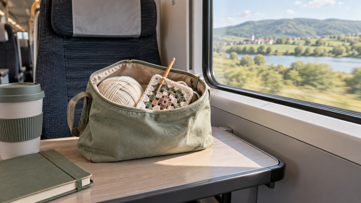Una borsa porta filati compatta con filato e un progetto all’uncinetto sul tavolino di un treno europeo