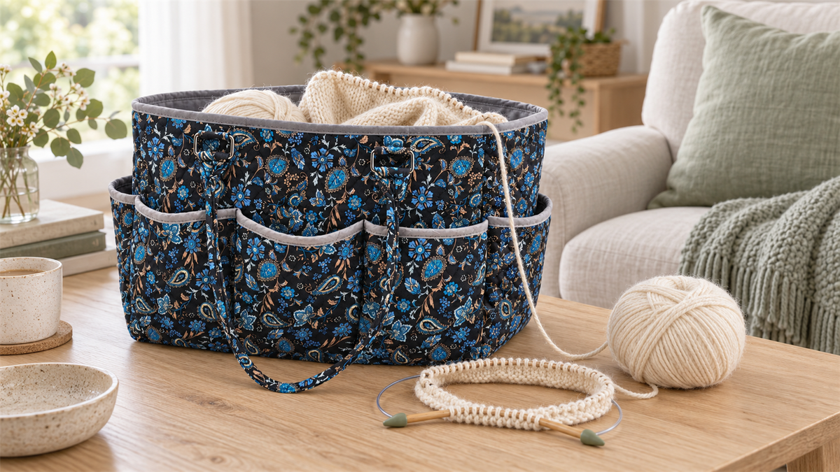 Bolsa para guardar hilo azul con estampado paisley junto a una labor de punto color crema en agujas circulares con protectores de puntas