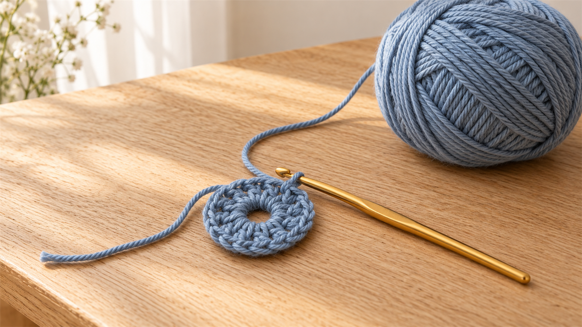 Open blue crochet starting circle beside its yarn ball and a plain gold hook on a sunlit table