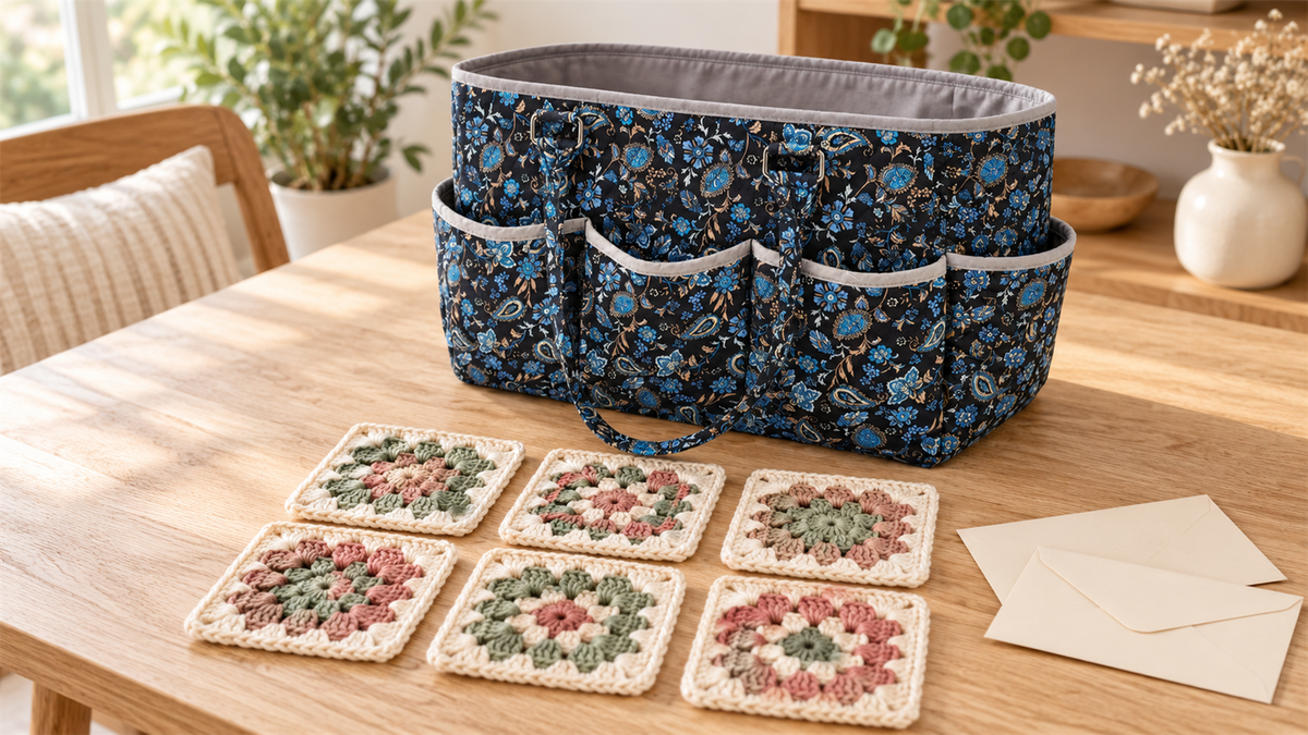 Blue paisley yarn storage tote beside six loose cream sage and rose granny squares arranged in two rows
