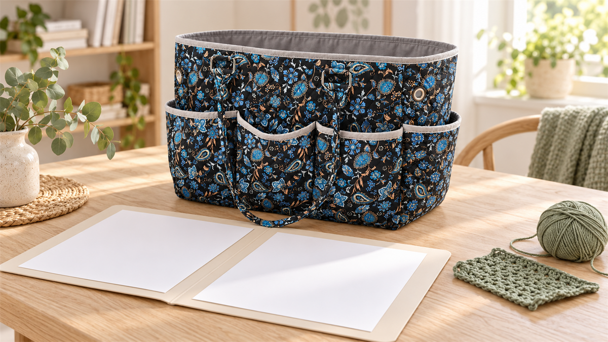 Blue paisley yarn storage tote beside an open cream folder supporting blank paper sheets and sage crochet work