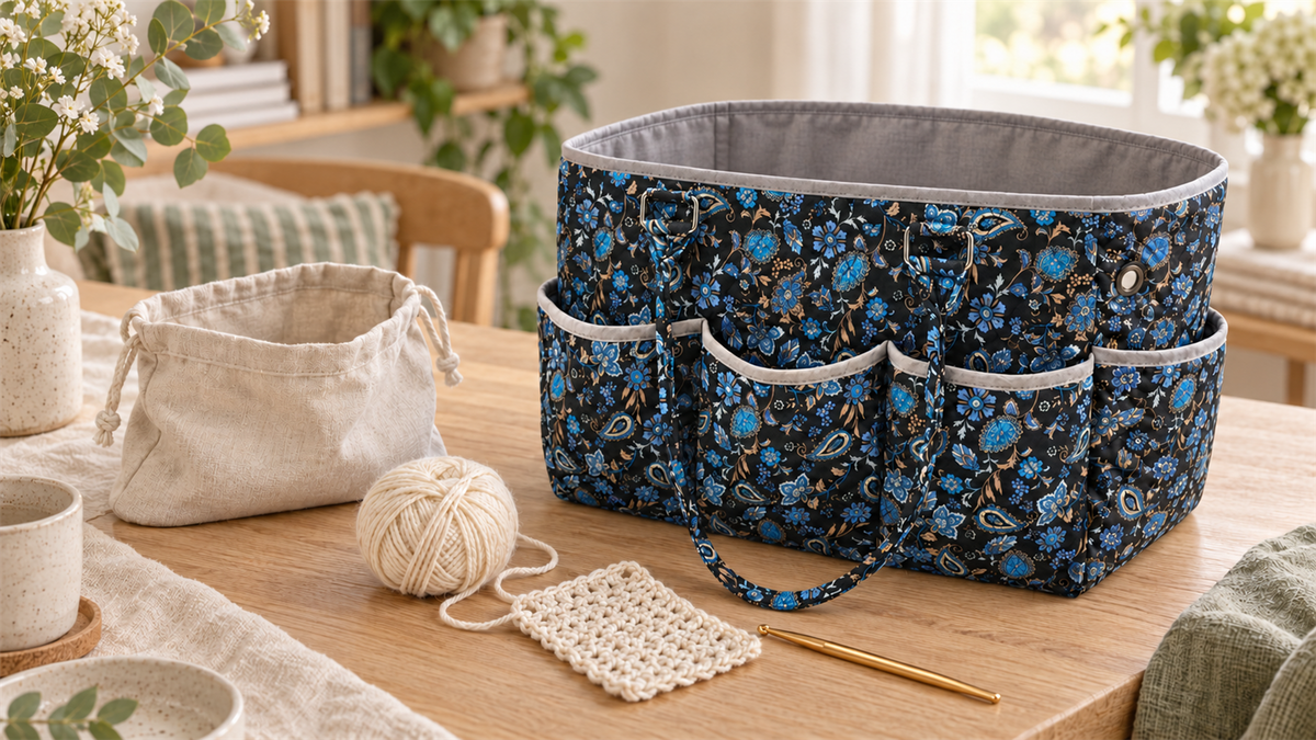 Blue paisley yarn storage tote beside a plain linen pouch and an unfinished cream crochet project