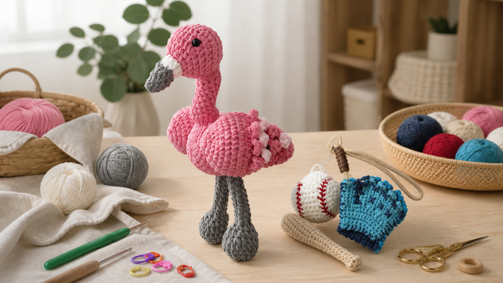 A flamingo amigurumi crochet kit and baseball crochet bag charm kit styled as small handmade projects