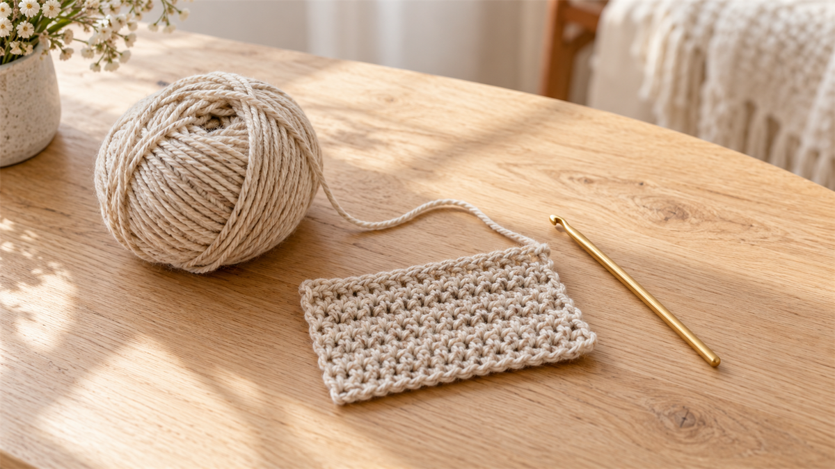 Oatmeal crochet practice swatch with its attached yarn ball and a plain gold hook on a sunlit table