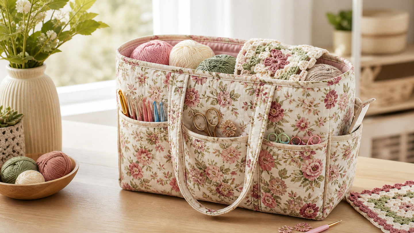 A floral quilted yarn storage bag filled with yarn and crochet tools in a calm craft corner