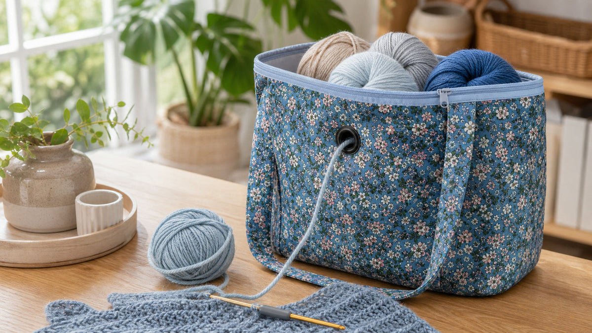 A Woolique yarn storage bag helping yarn feed smoothly without tangles in a calm craft corner