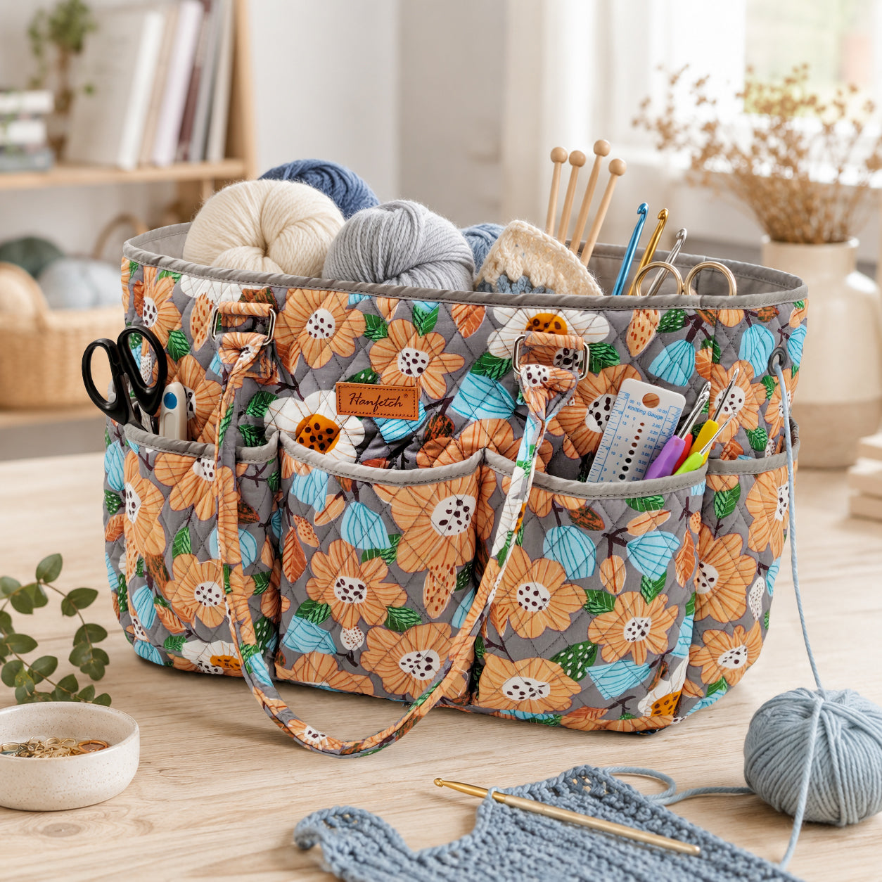 Woolique Studio Large Quilted Yarn Storage Tote Bag - Crochet & Knitting Project Organizer