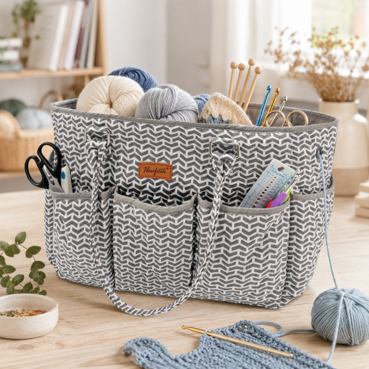 Woolique Studio Large Quilted Yarn Storage Tote Bag - Crochet & Knitting Project Organizer