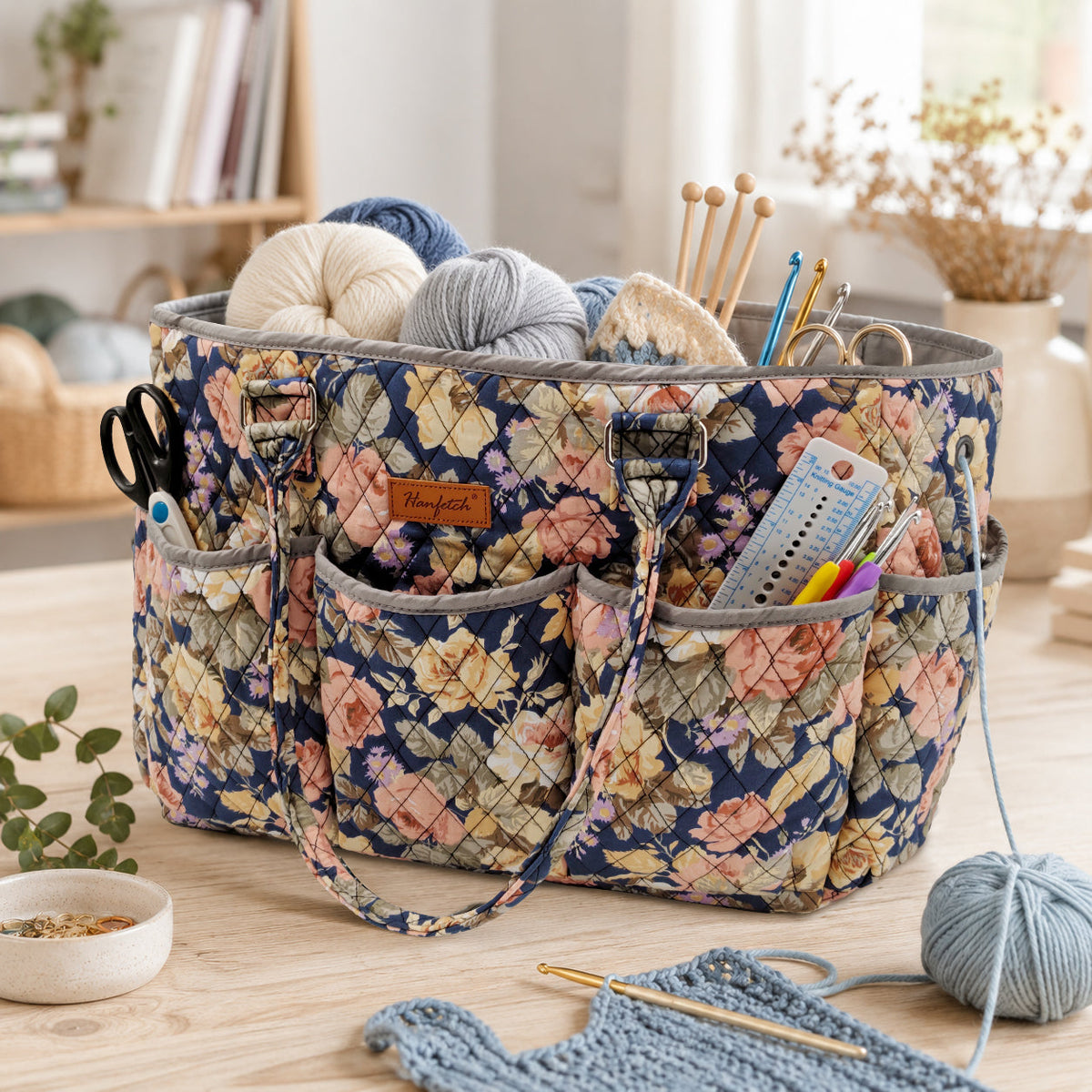 Woolique Studio Large Quilted Yarn Storage Tote Bag - Crochet & Knitting Project Organizer