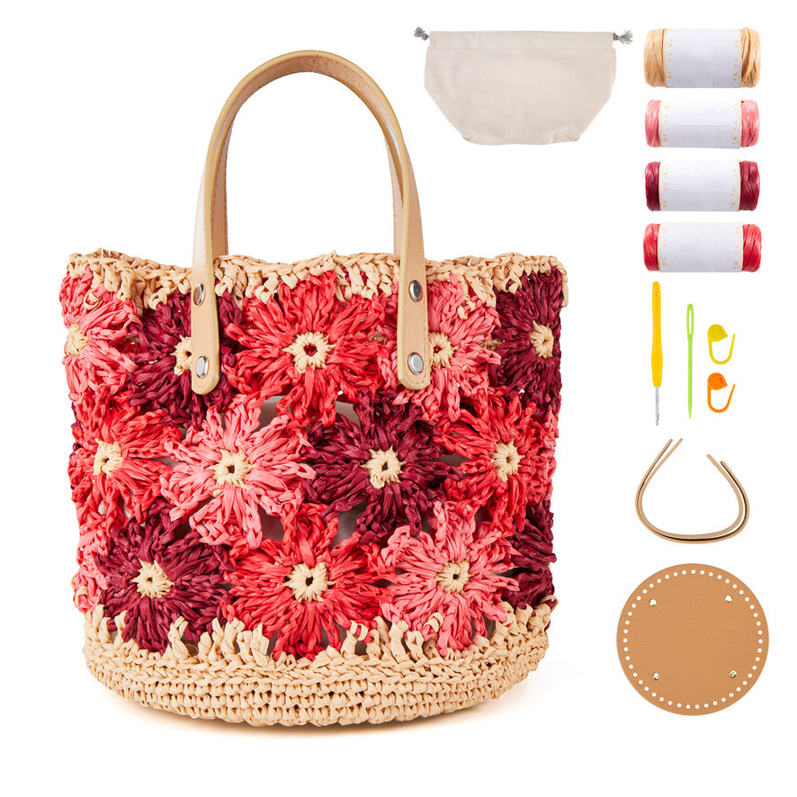 Crochet purse kit product view 2 for Floral Raffia Bucket Bag Crochet Kit, with Woolique craft details
