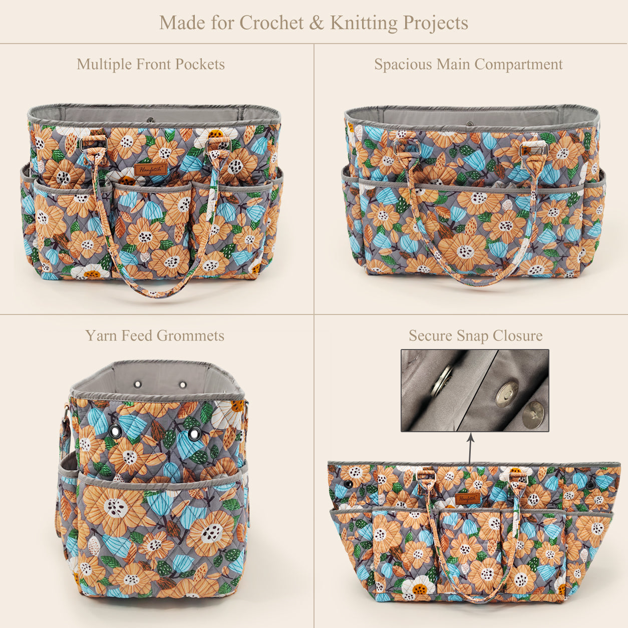 Woolique Studio Large Quilted Yarn Storage Tote Bag - Crochet & Knitting Project Organizer