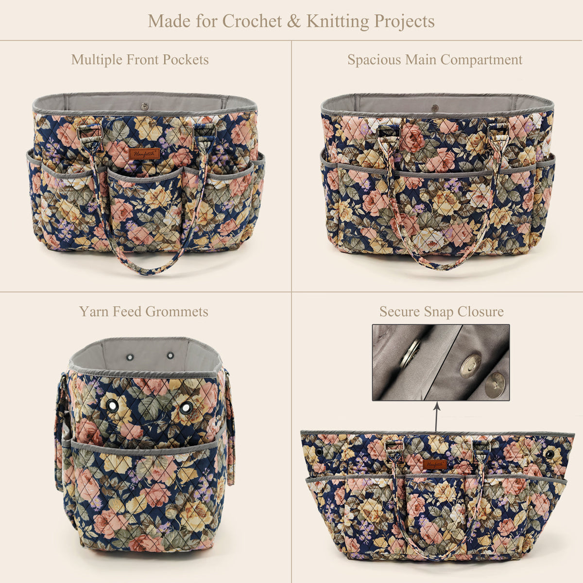 Woolique Studio Large Quilted Yarn Storage Tote Bag - Crochet & Knitting Project Organizer