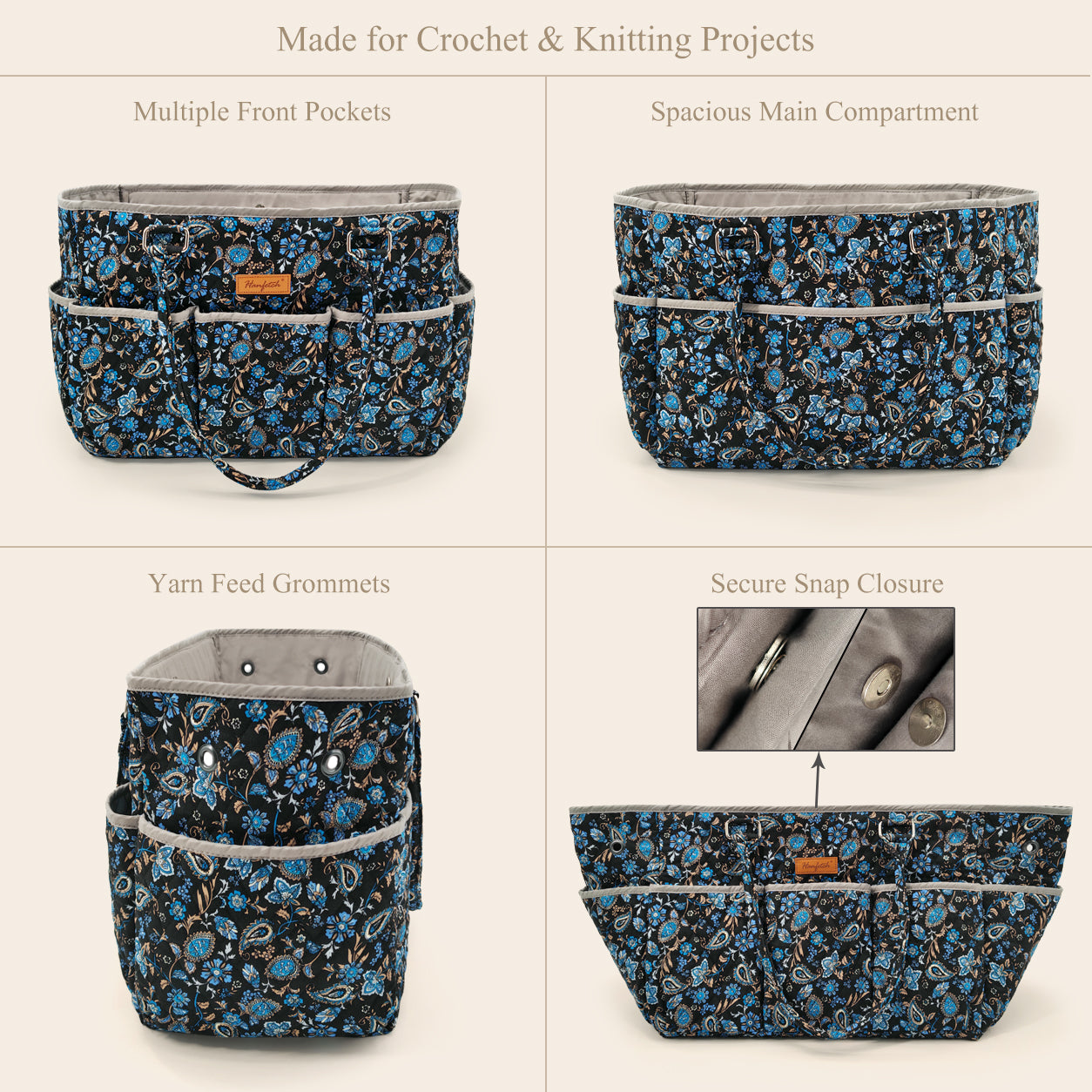 Woolique Studio Large Quilted Yarn Storage Tote Bag - Crochet & Knitting Project Organizer