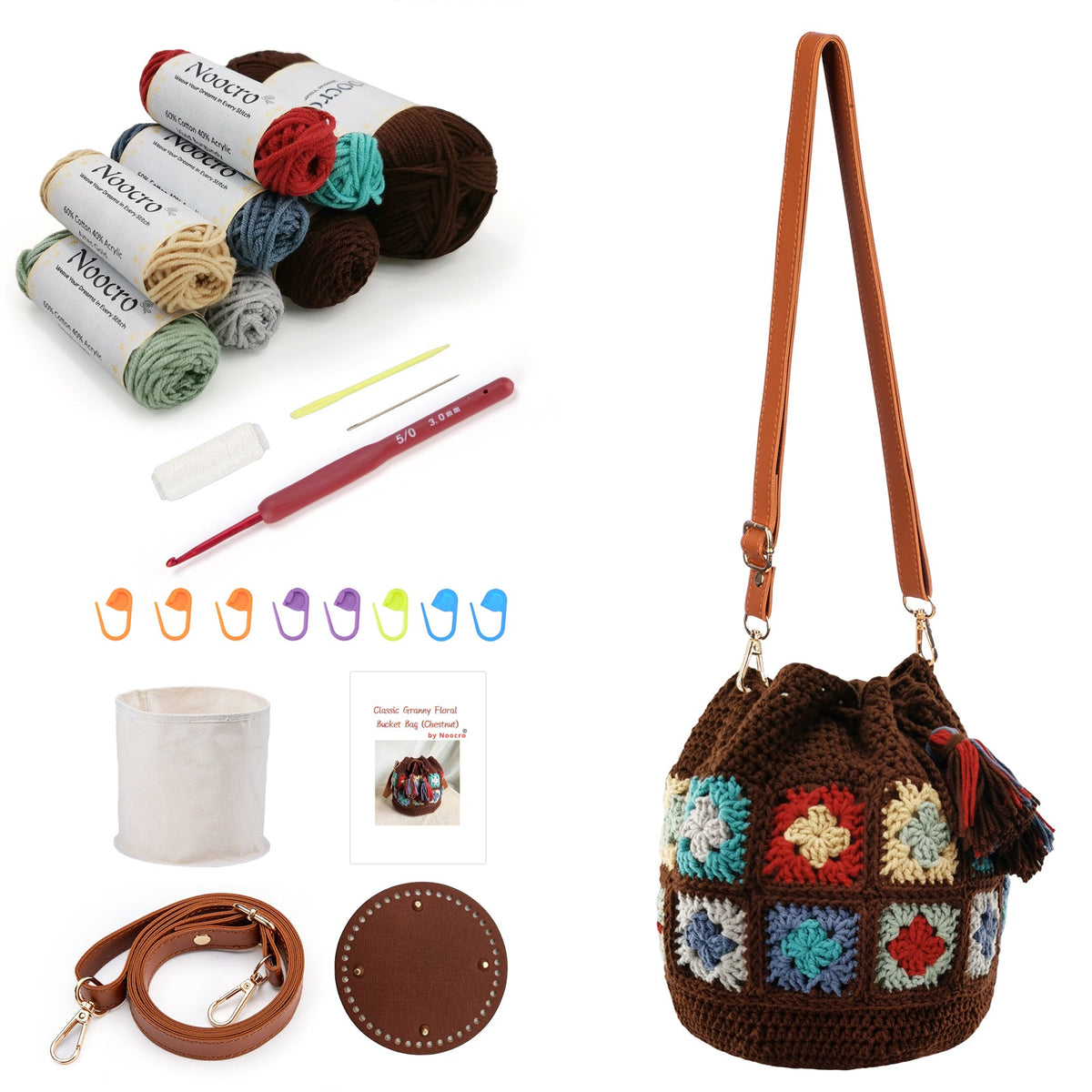 Granny square crochet kit product view 2 for Granny Square Bucket Bag Crochet Kit, with Woolique craft details
