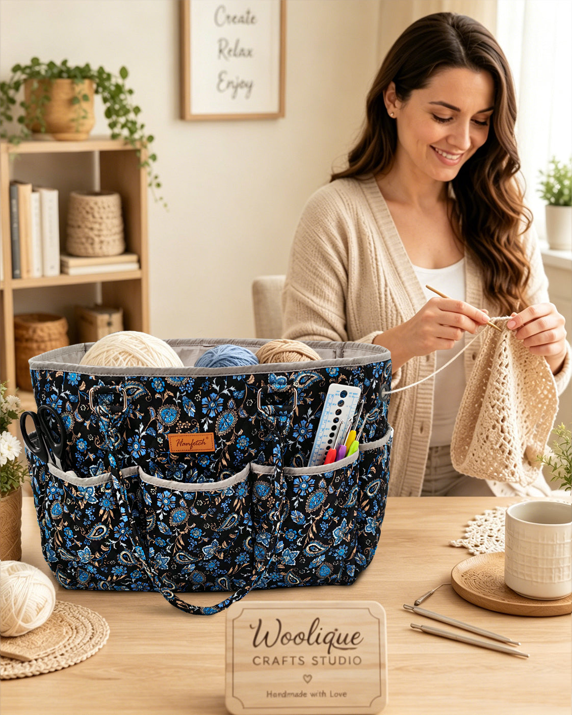 Woolique Studio Large Quilted Yarn Storage Tote Bag - Crochet & Knitting Project Organizer