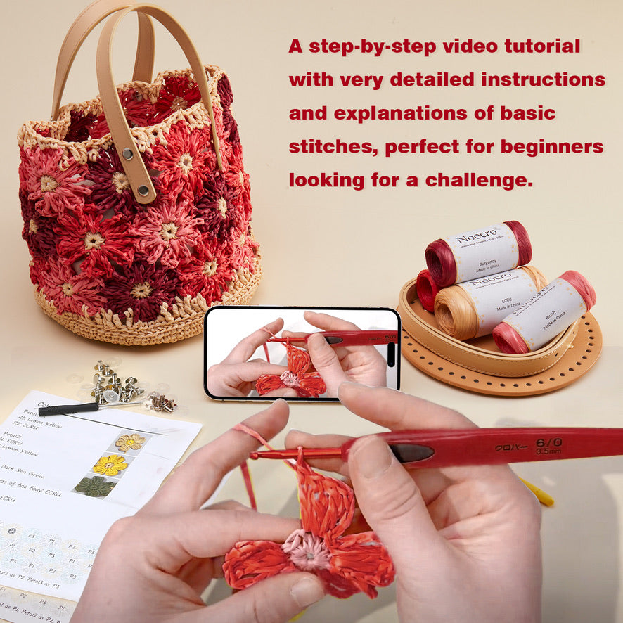 Crochet purse kit product view 8 for Floral Raffia Bucket Bag Crochet Kit, with Woolique craft details