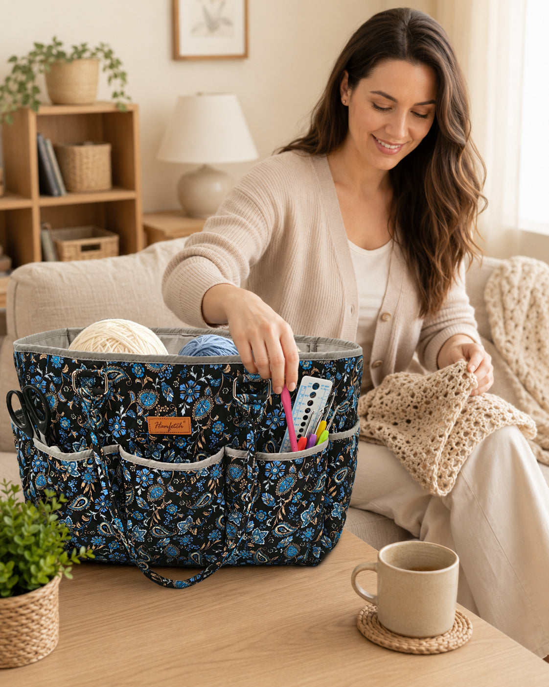 Woolique Studio Large Quilted Yarn Storage Tote Bag - Crochet & Knitting Project Organizer