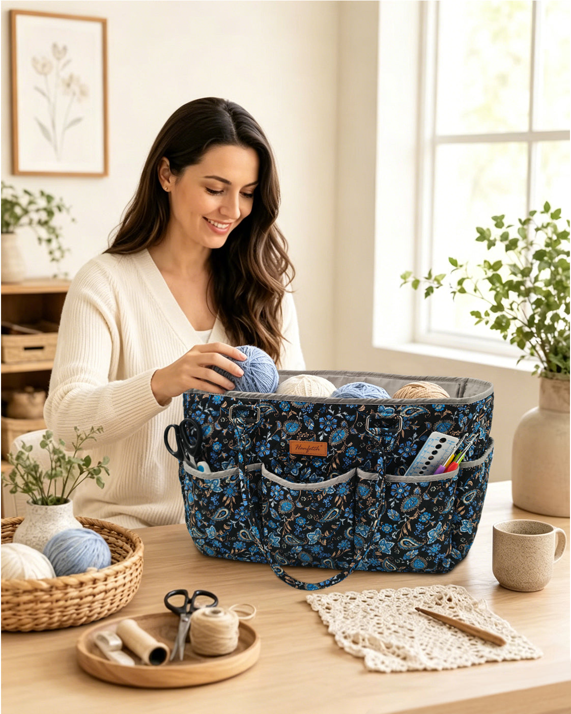 Woolique Studio Large Quilted Yarn Storage Tote Bag - Crochet & Knitting Project Organizer