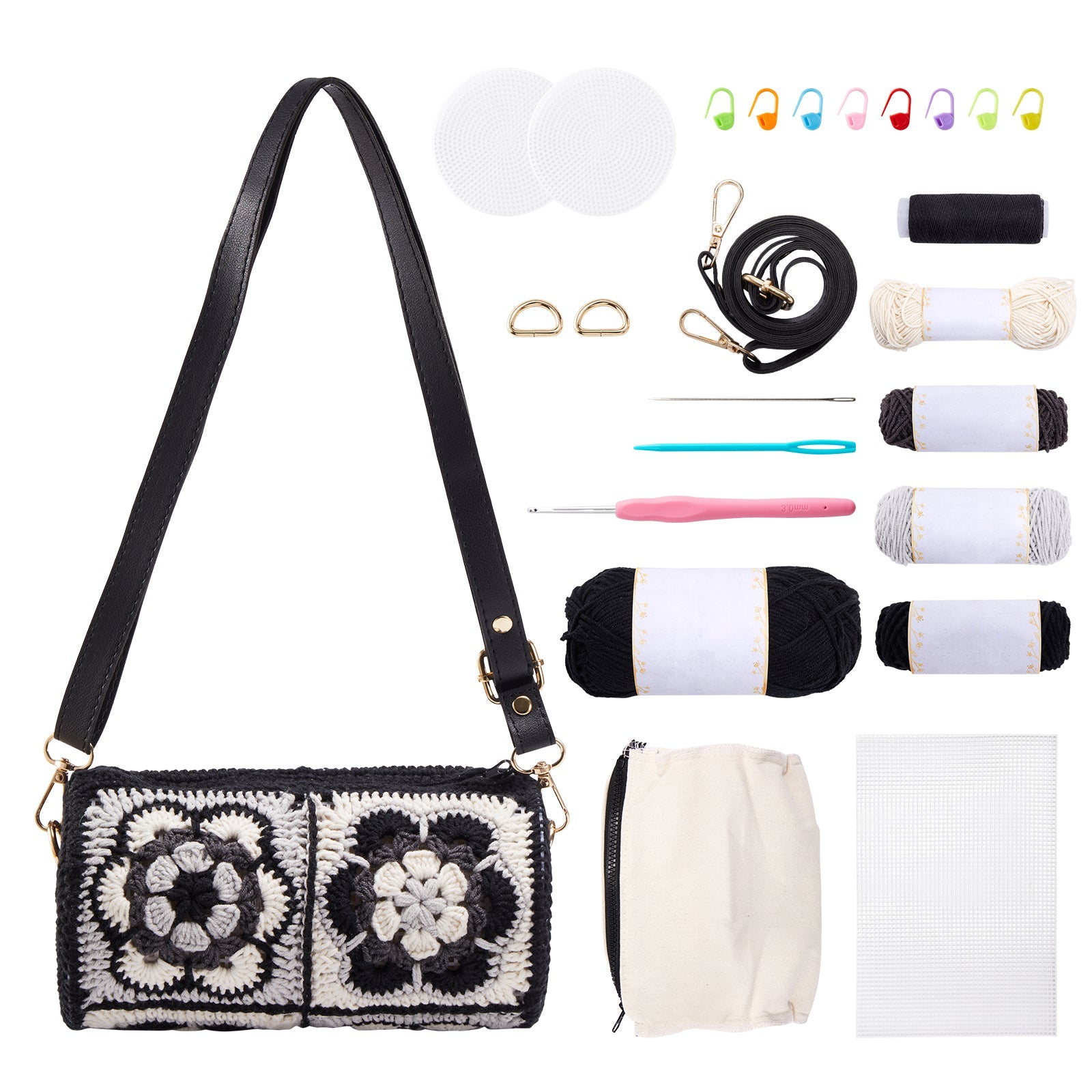 Crochet purse kit product view 2 for Cylindrical Bucket Bag Crochet Kit, with Woolique craft details