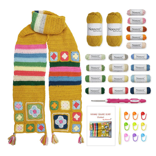 Golden Granny Square Scarf Crochet Kit with yarn bundles, crochet hook, markers, needle, and instruction booklet included