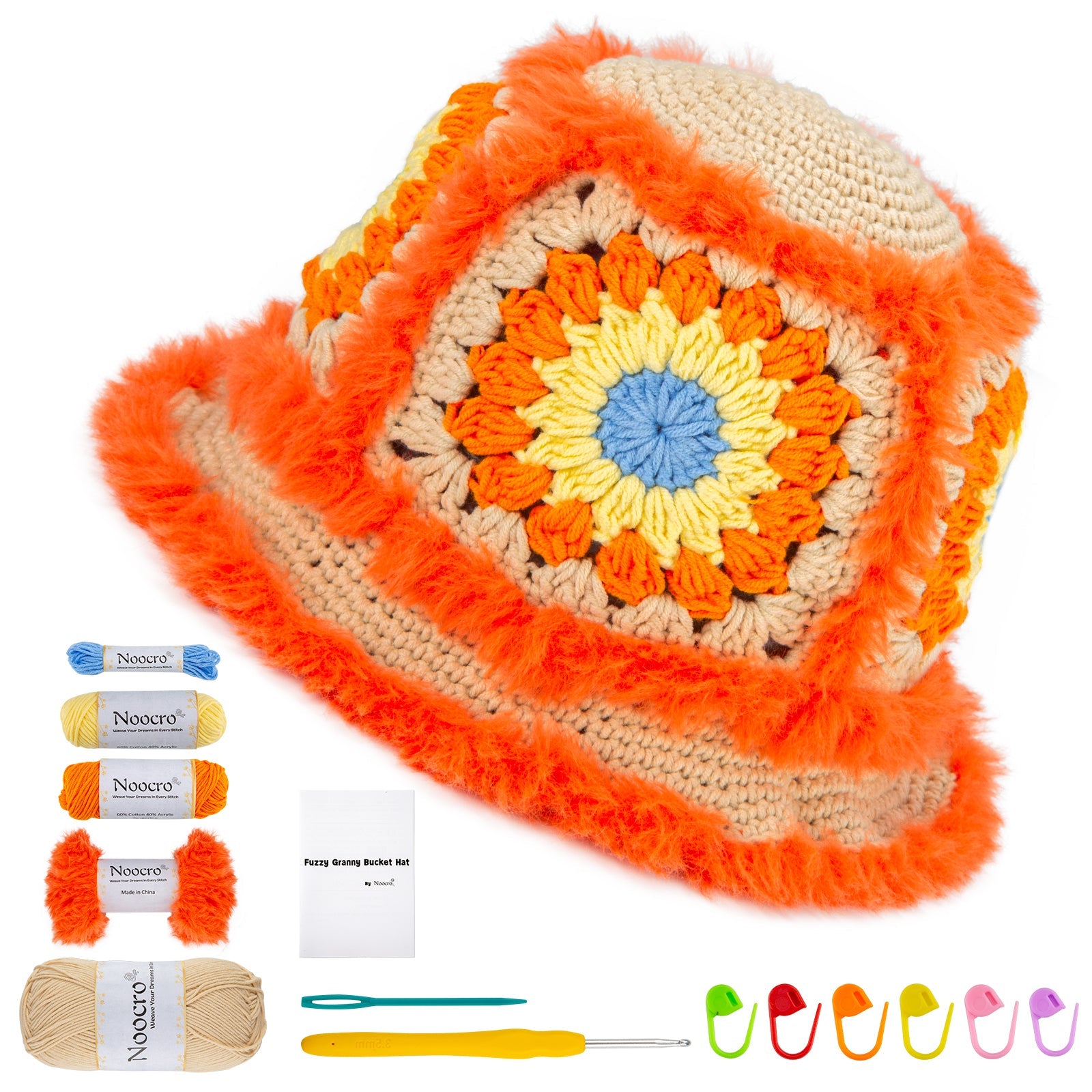 Orange and beige fuzzy granny square bucket hat DIY crochet kit with yarn and tools