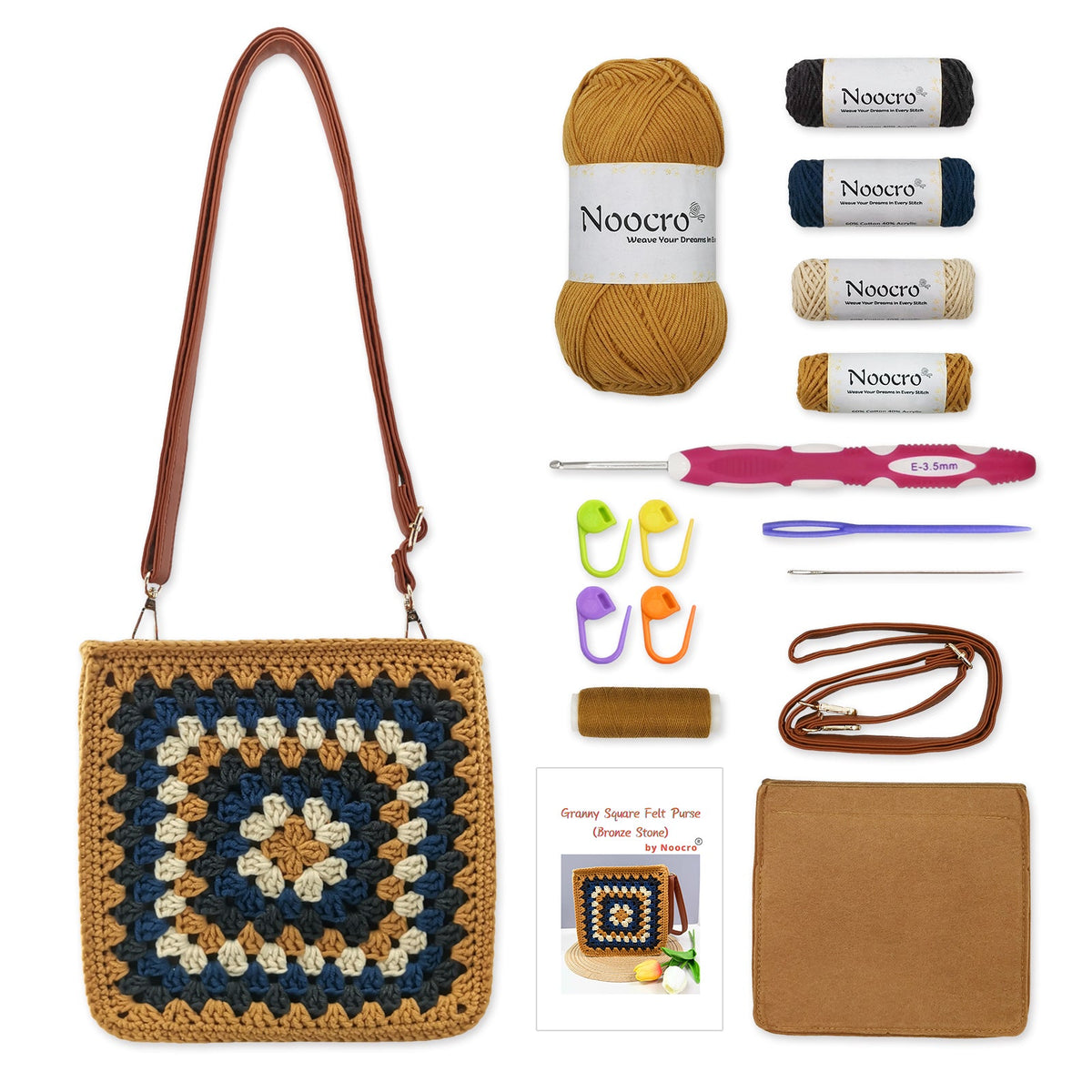 Granny square crochet kit product view 3 for Granny Square Felt Purse Crochet Kit, with Woolique craft details