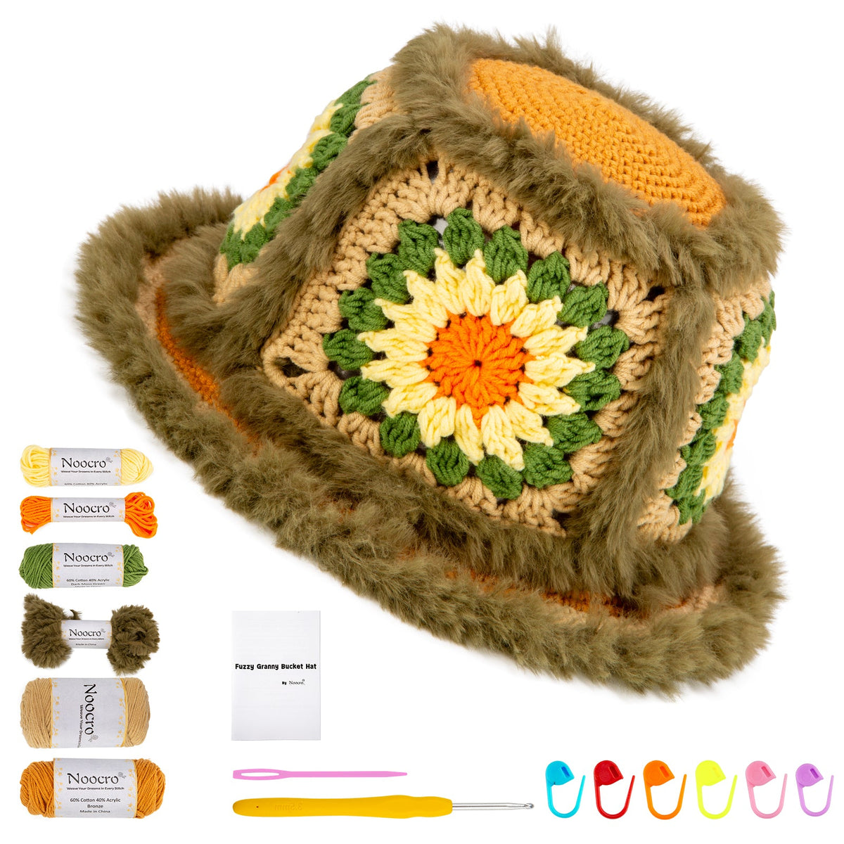 Olive green and yellow sunflower granny square bucket hat DIY crochet kit