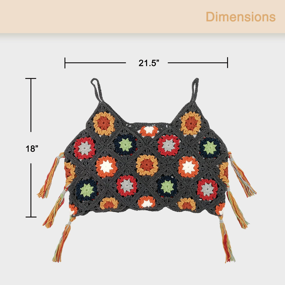 Dimensions of the finished granny square vest measuring 21.5 inches wide and 18 inches long