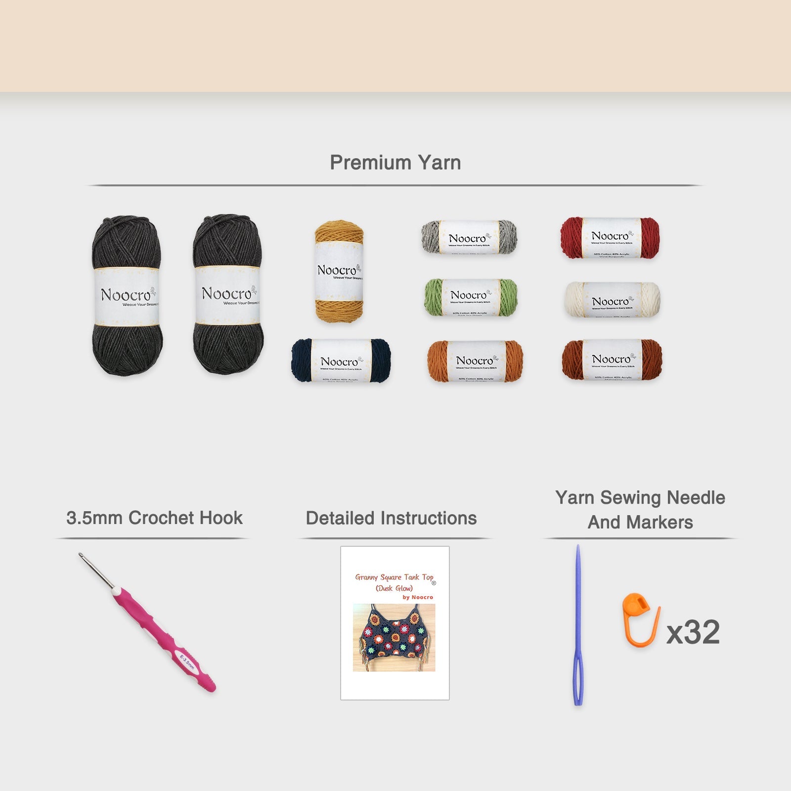 Included materials for the granny square vest kit: premium yarn, 3.5mm hook, instructions, and stitch markers for a crochet tank top