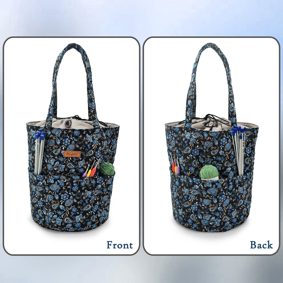 Yarn storage bag product view 2 for Large Drawstring Yarn Project Bag, with Woolique craft details
