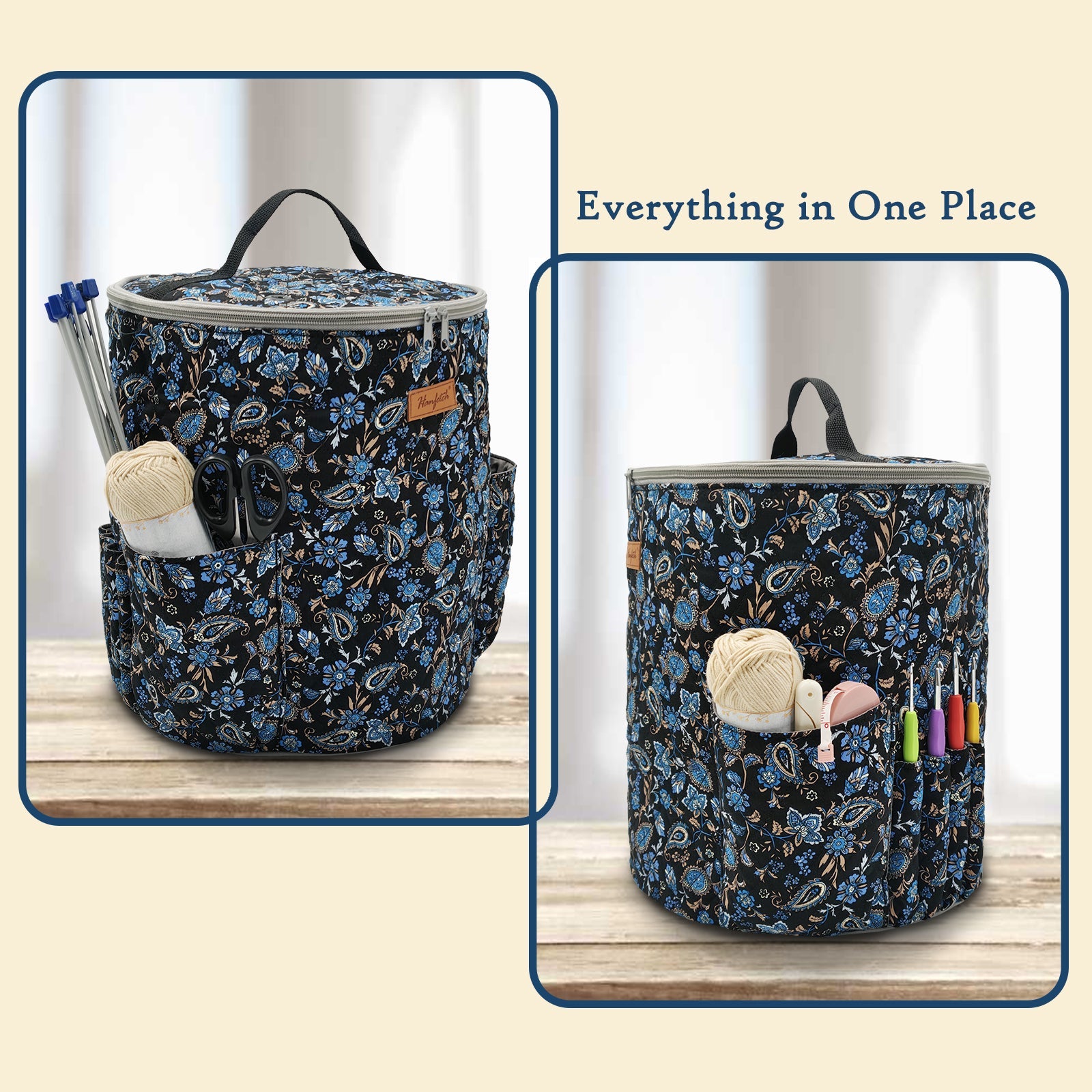 Cylindrical Yarn Storage Bag product view 3 with Woolique craft details for makers