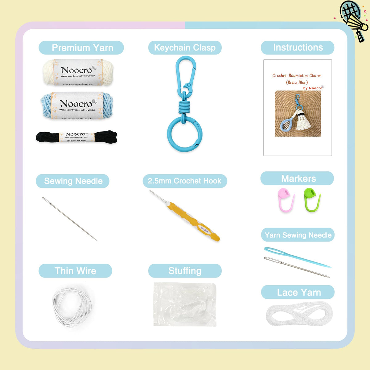 Badminton Crochet Keychain Kit product view 3 with Woolique craft details for makers