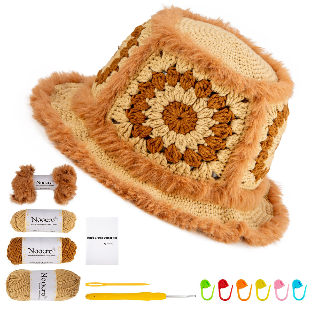Beige and brown fuzzy granny square bucket hat DIY crochet kit with yarn and tools