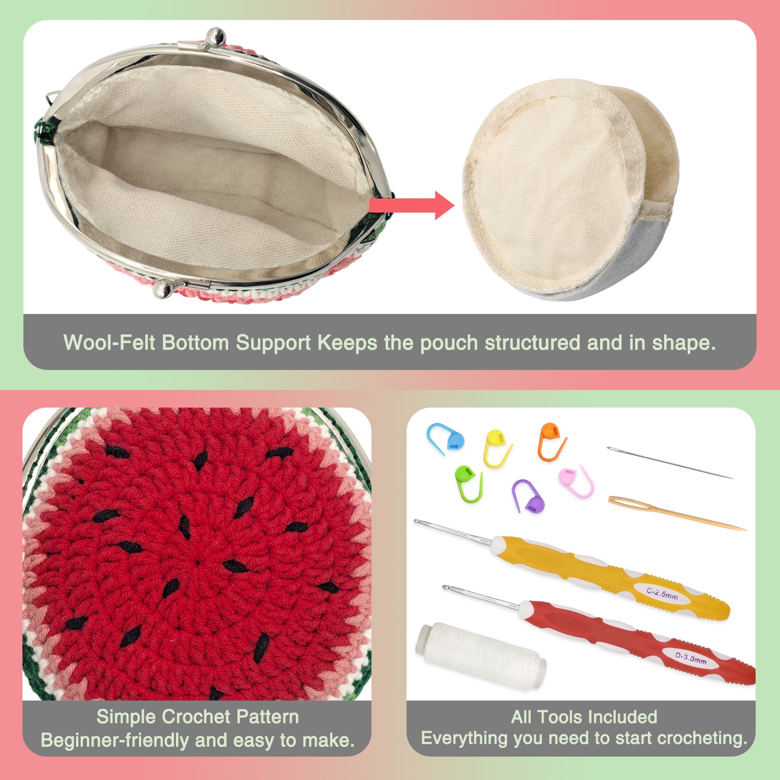 Crochet purse kit product view 4 for Watermelon Crochet Coin Purse Kit, with Woolique craft details