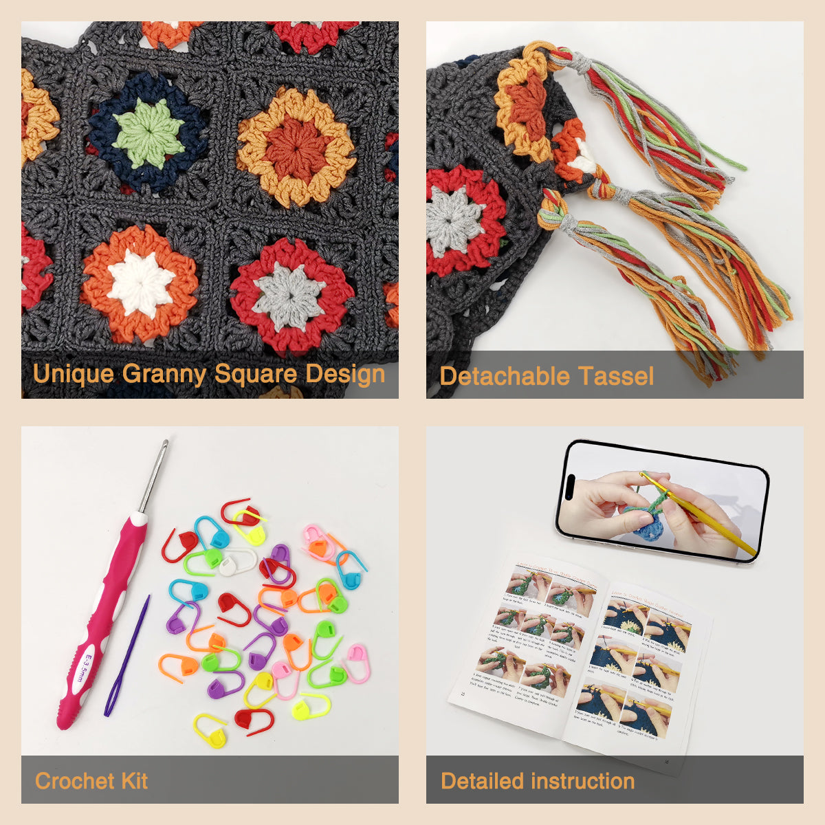 Key features of the granny square vest kit showing unique design, detachable tassels, tools, and detailed video instructions for a crochet tank top
