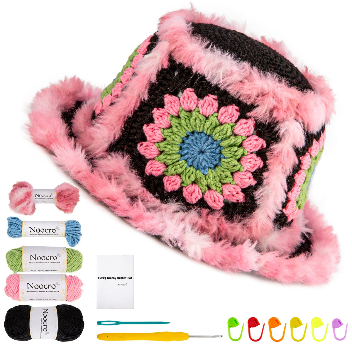 pink and black fuzzy granny square bucket hat DIY crochet kit with yarn and tools