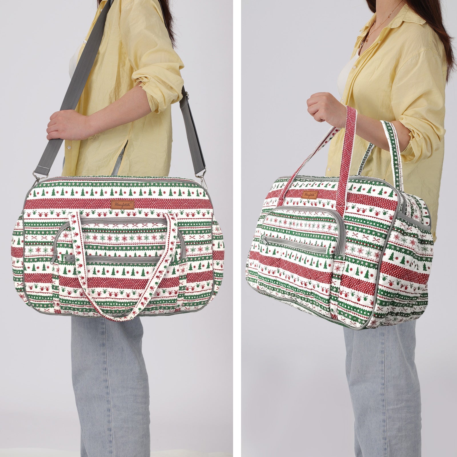 Woolique Christmas-themed craft bag shown in both shoulder-carry and hand-carry styles
