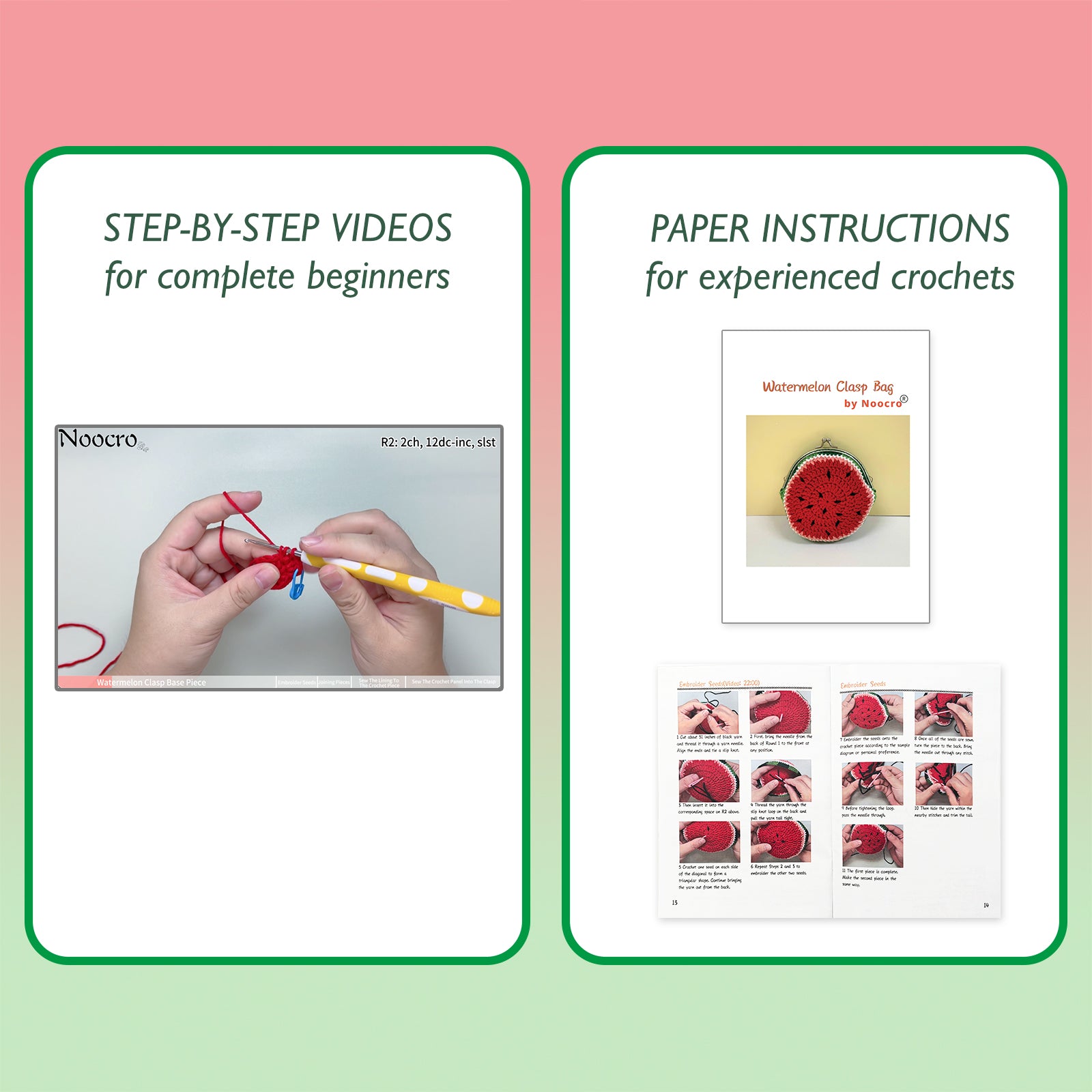 Crochet purse kit product view 5 for Watermelon Crochet Coin Purse Kit, with Woolique craft details