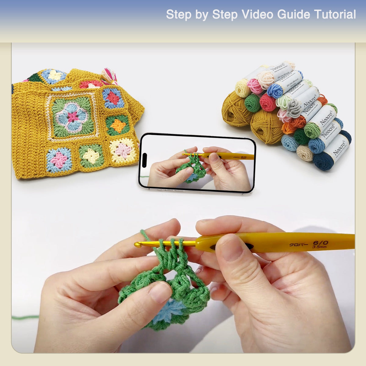 Step-by-step video tutorial for the Golden Granny Square Scarf Crochet Kit
