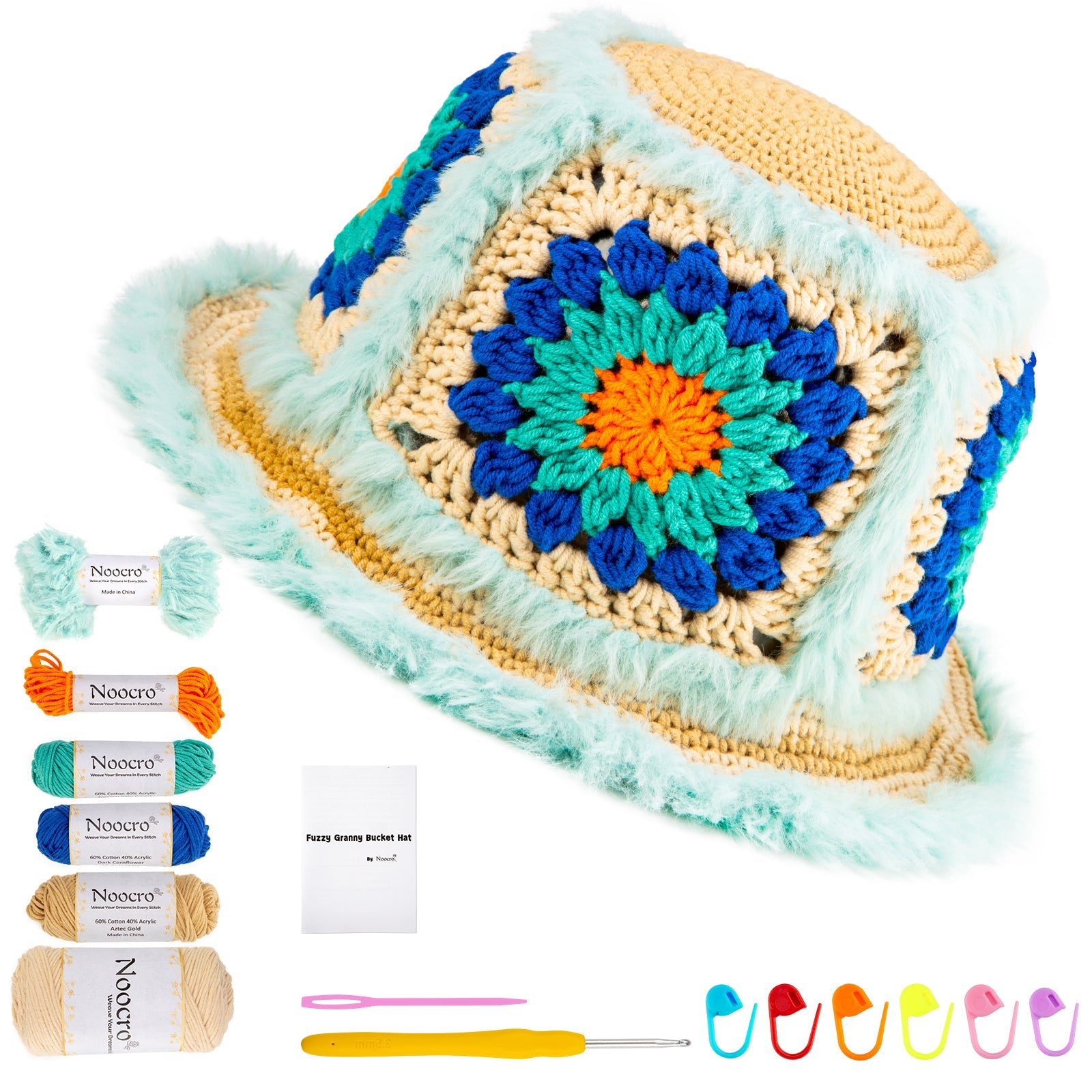 Mint green and blue fuzzy granny square bucket hat DIY crochet kit with yarn and tools