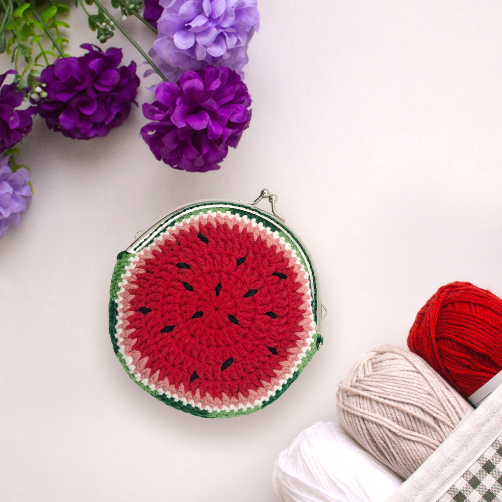 Crochet purse kit product view 7 for Watermelon Crochet Coin Purse Kit, with Woolique craft details