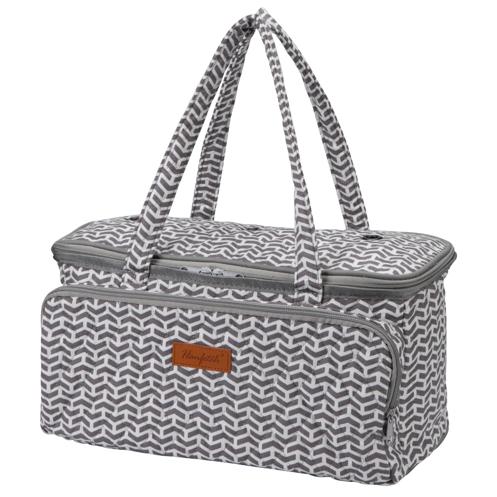 woolique knitting project bag, grey and white chevron patterned quilted bag