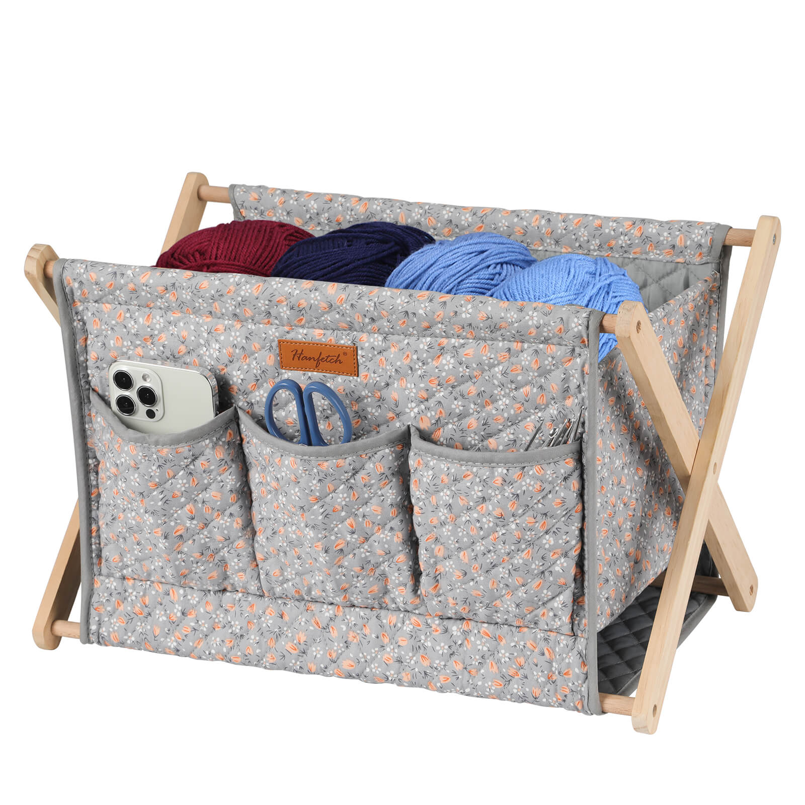 Woolique craft storage box, grey with orange floral print