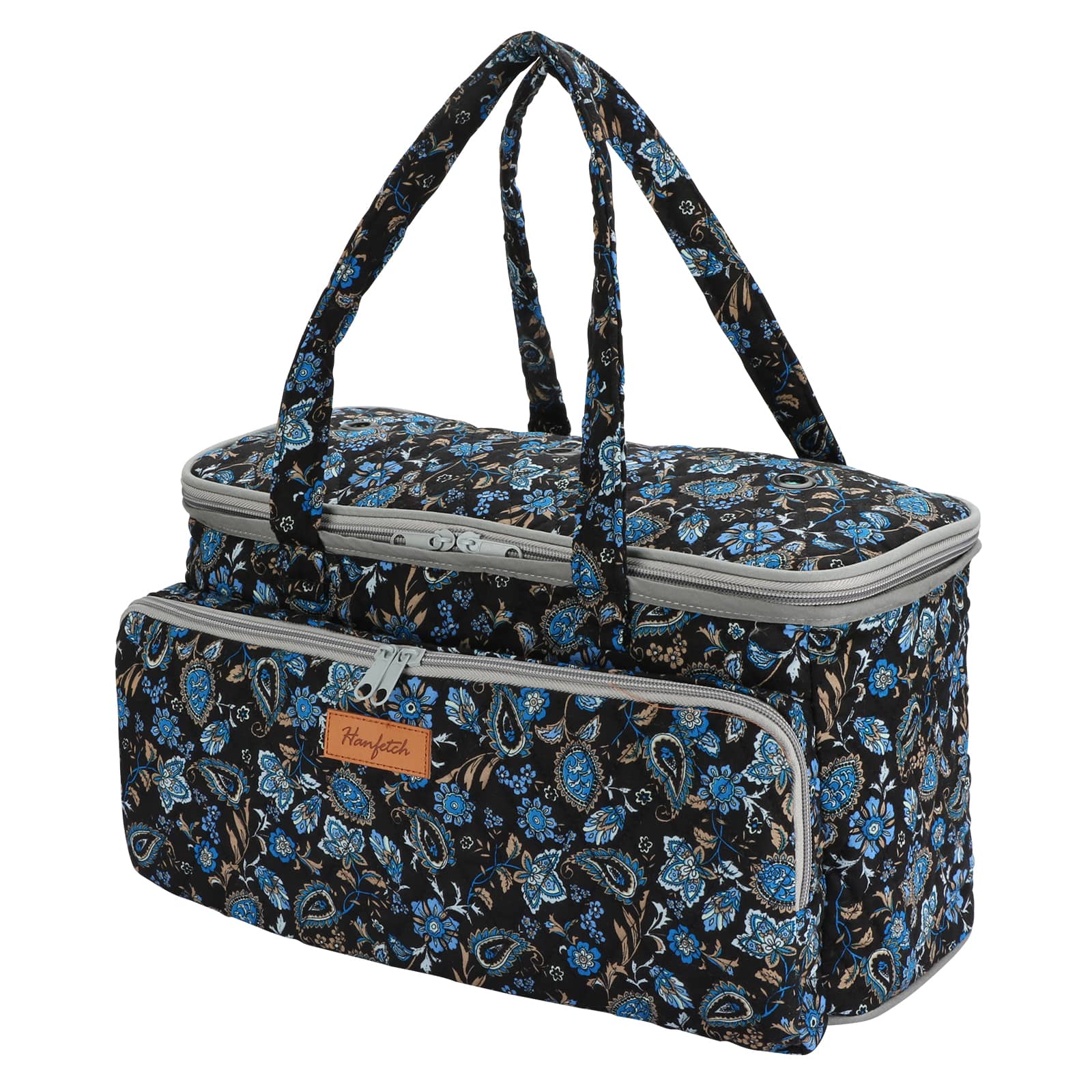 Woolique knitting project bag, black with blue and brown paisley print