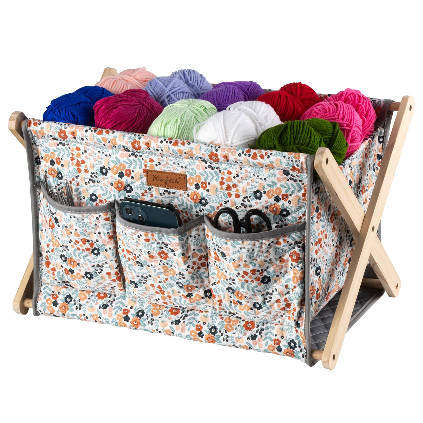 Woolique craft storage box, multi-colored floral print with multiple pockets, wooden frame