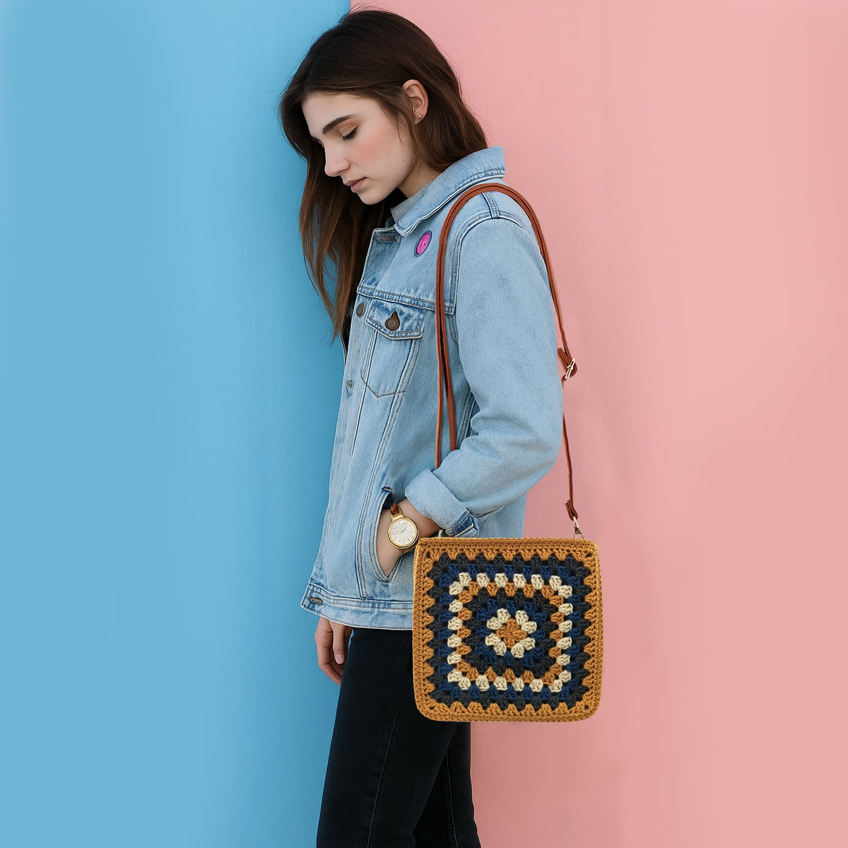 Granny square crochet kit product view 9 for Granny Square Felt Purse Crochet Kit, with Woolique craft details