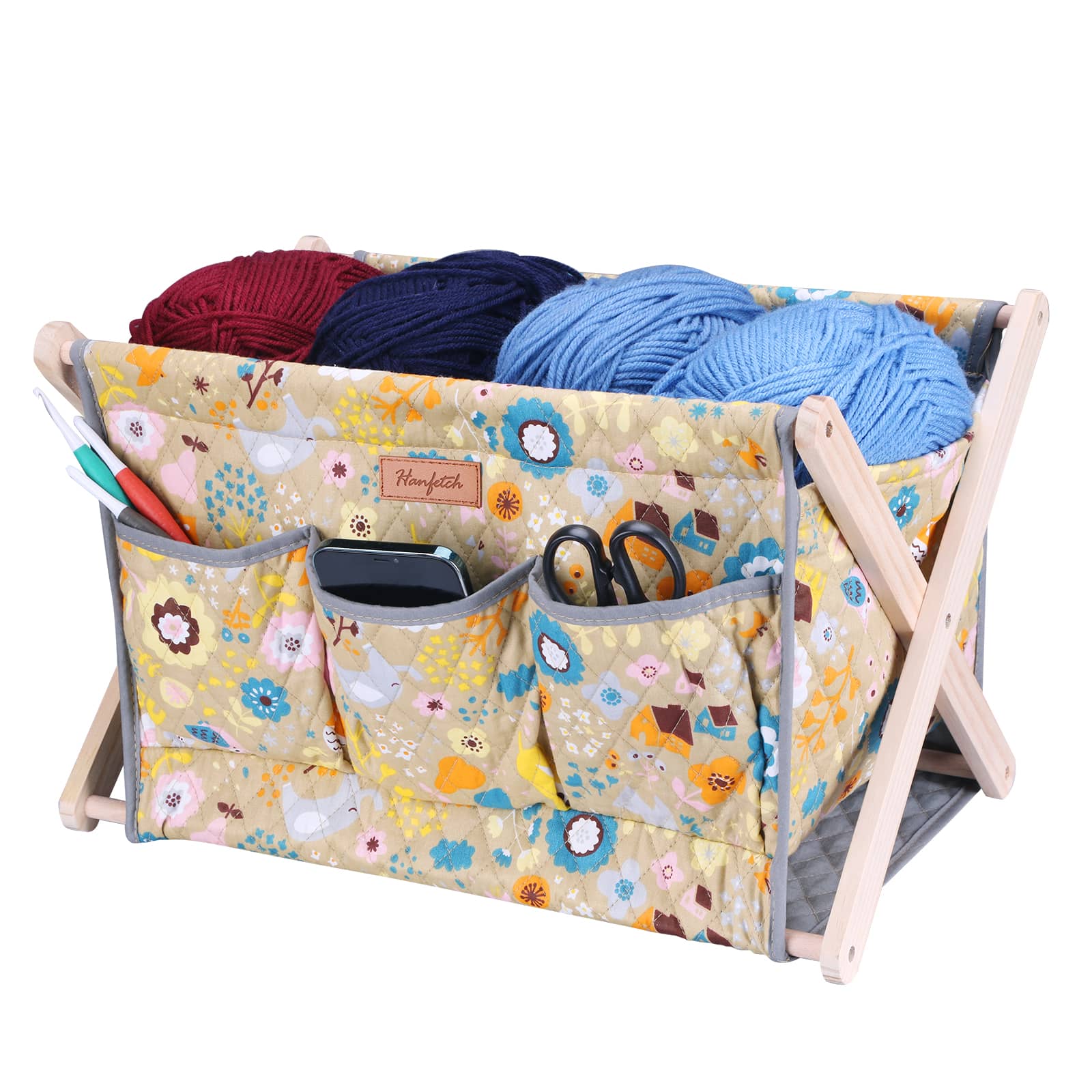 Woolique craft storage box, beige with colorful floral and bird print